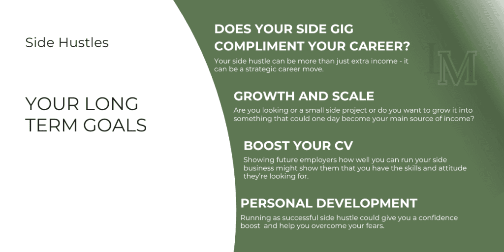 An informational image describing how to align a side hustle with long term goals