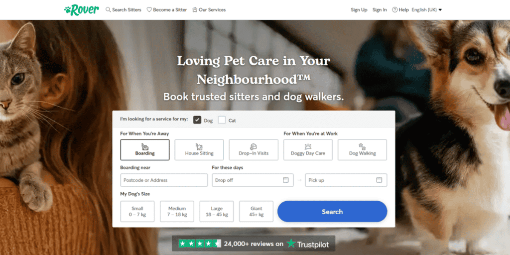 A screenshot of the Rover.com homepage