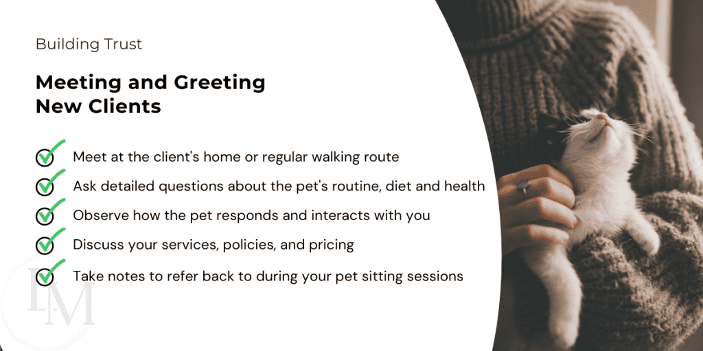 information for pet sitters on how to build trust with their clients by offering a meet and greet service