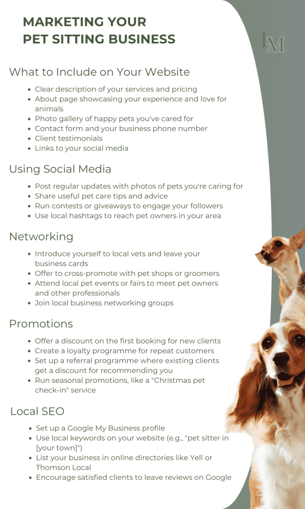 In image describing how to market a pet sitting business, including, websites. social media, networking, promotions and local SEO