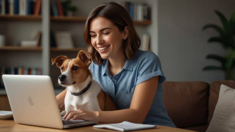 A woman working on her laptop with a dog sat on her lap