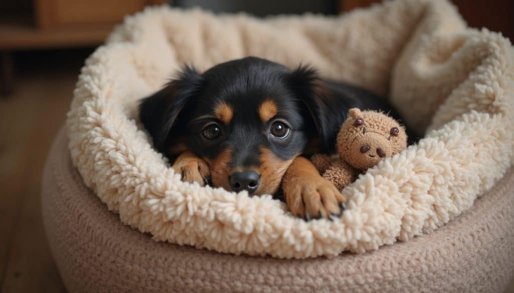 Pet resting comfortably with toy and blanket