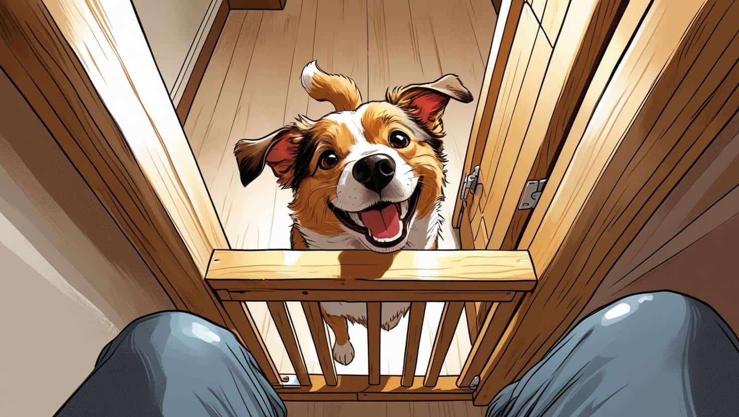 an illustration of a dog behind a pet gate to show how to prevent pet sitting emergencies