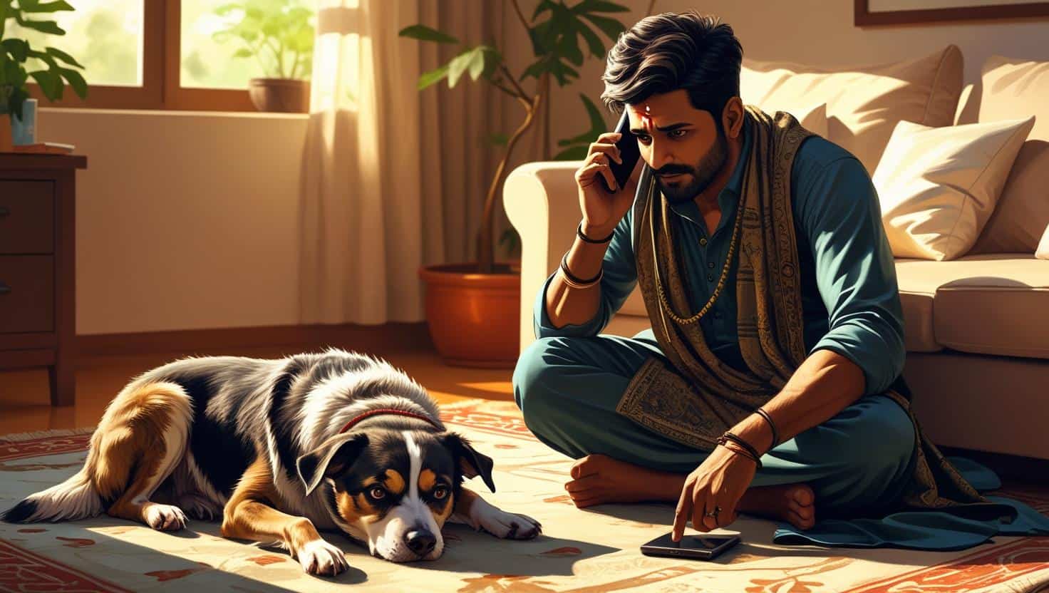 a man on the phone dealing with a pet sitting emergency