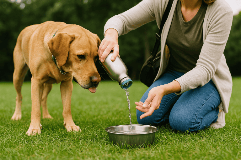 A dog owner using a re-usable water bottle and dog bowl