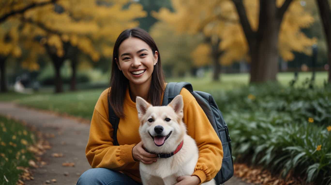 Pet sitter with supplies and a dog ready for a walk